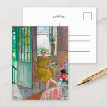 Young Woman in a Flowery Interior | Henri Lebasque Postcard<br><div class="desc">Young Woman in a Flowery Interior (1920-1923) | Original artwork by French post-impressionist painter Henri Lebasque (1865–1937). The piece depicts a portrait of a young woman in a yellow dress, seated near a mint green door in a colorful interior decorated with flowers. Use the design tools to add custom text...</div>