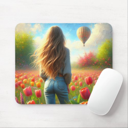 Young Woman In Tulip Field Mouse Pad