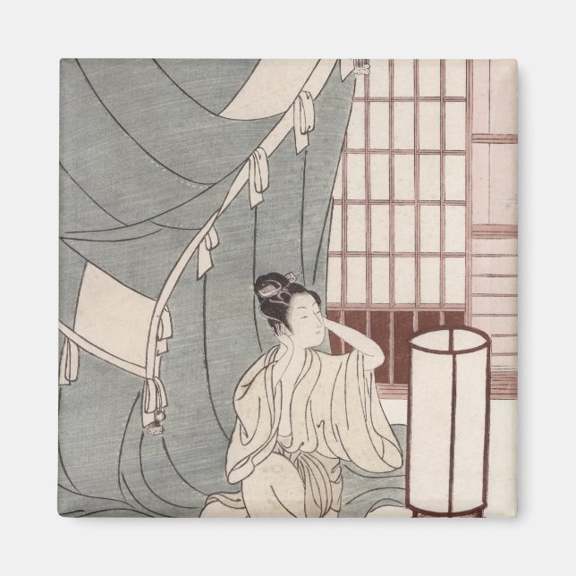 Young woman kneeling by her mosquito net, 1766 magnet (Front)