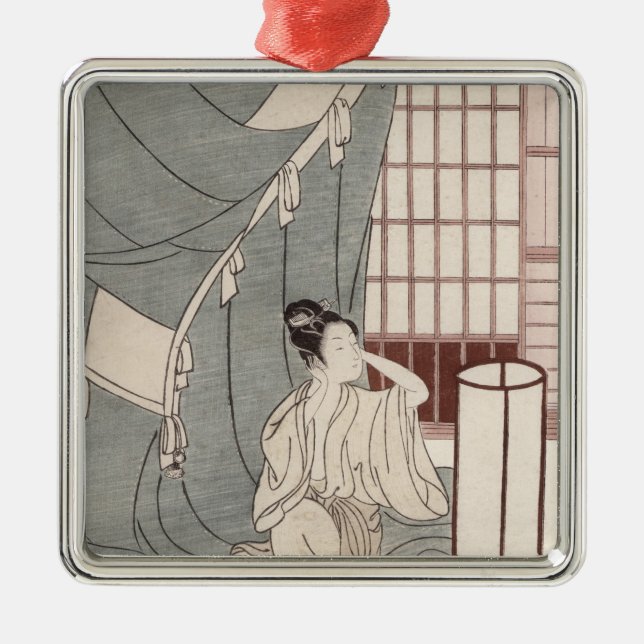 Young woman kneeling by her mosquito net, 1766 metal ornament (Front)