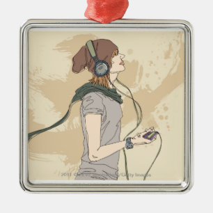 Young woman listening music metal ornament