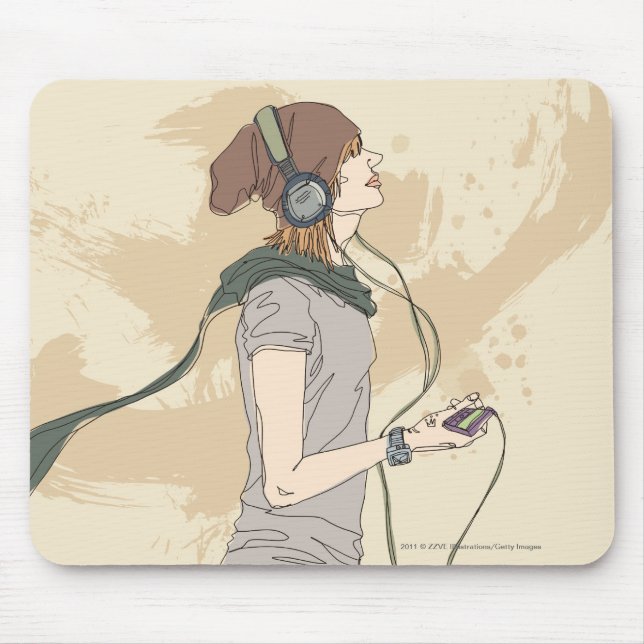 Young woman listening music mouse pad (Front)