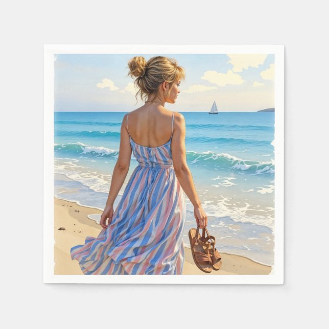 Young Woman On the Beach Looking At Sailboats Napkins (Front)