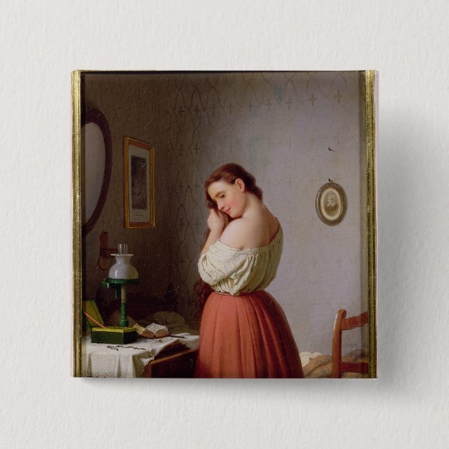 Young Woman Plaiting her Hair Button (Front)