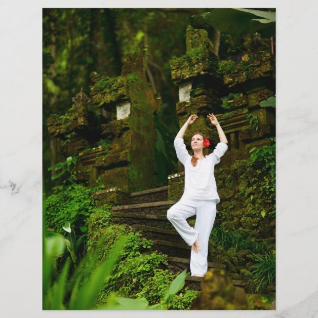 Young woman practices yoga flyer (Front)