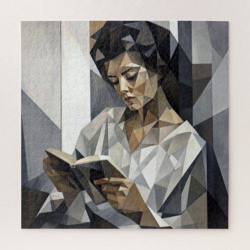Young Woman Reading a Book Cubist Art Form Jigsaw Puzzle