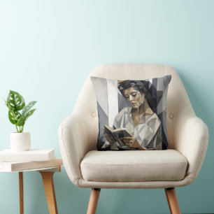 Young Woman Reading a Book Cubist Art Form Throw Pillow