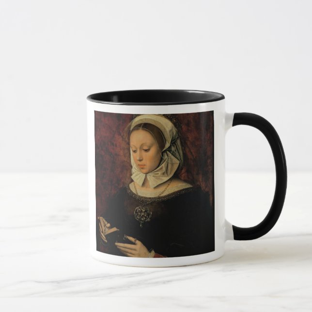 Young Woman Reading a Book of Hours (oil on panel) Mug (Right)