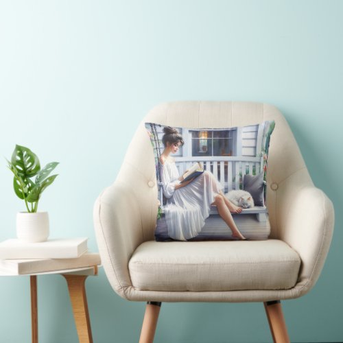 Young Woman Reading A Book With Cat Throw Pillow