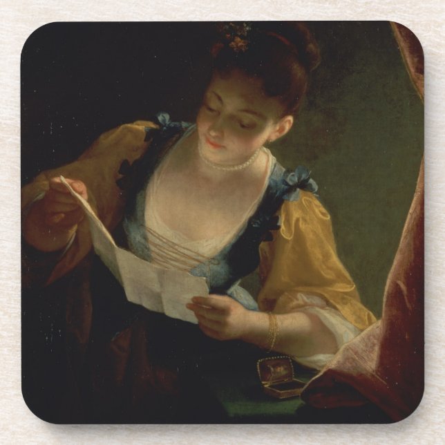 Young Woman Reading a Letter (oil on canvas) Coaster (Front)