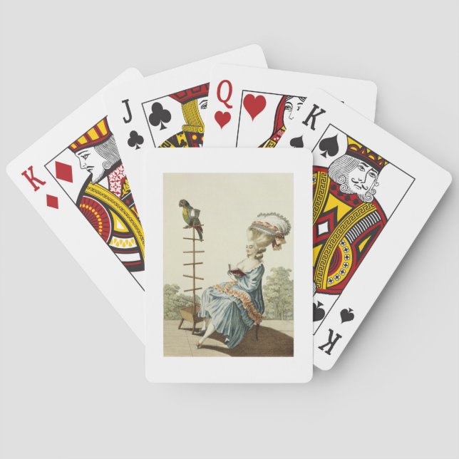 Young woman reading in a day dress with an elabora poker cards (Back)