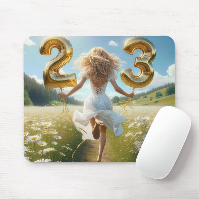 Young Woman Running With Birthday Balloons Mouse Pad (With Mouse)