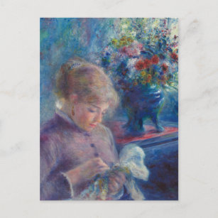 Young Woman Sewing by Renoir - Impressionist Art Postcard