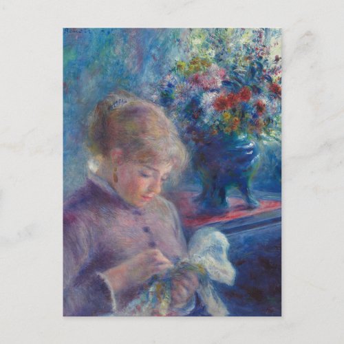 Young Woman Sewing by Renoir _ Impressionist Art Postcard