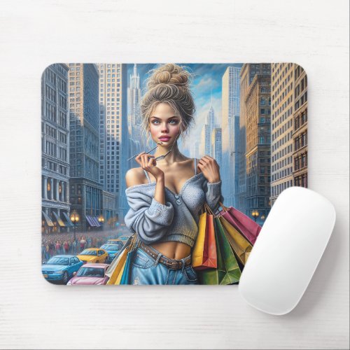 Young Woman Shopping In The Big City Mouse Pad
