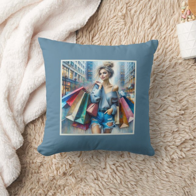 Young Woman Shopping In The Big City Throw Pillow (Blanket)