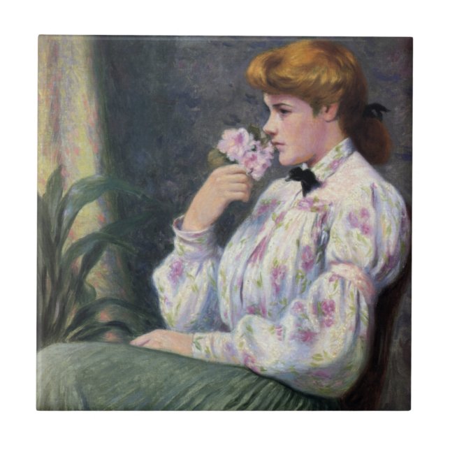 Young Woman Smelling Flower Fragrance (Reverie) Ceramic Tile (Front)