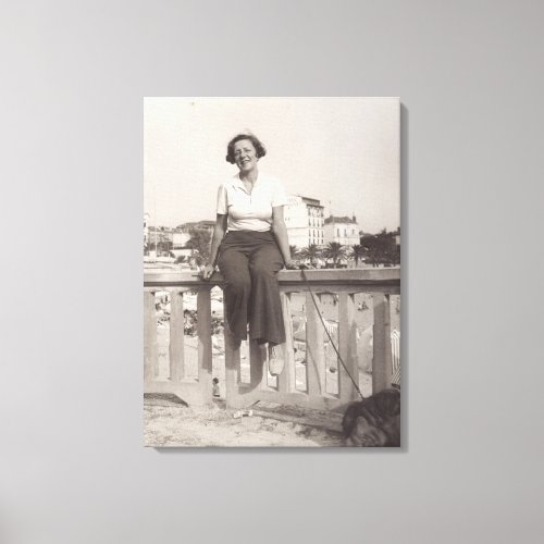 Young woman vintage photo on beach 1930s in Cannes Canvas Print