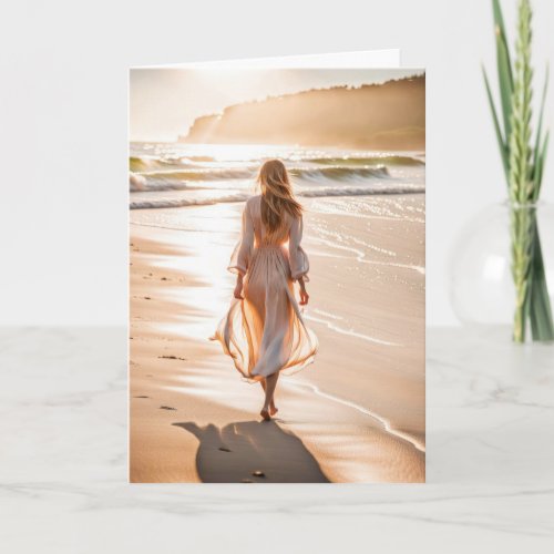 Young Woman Walking the Beach Card