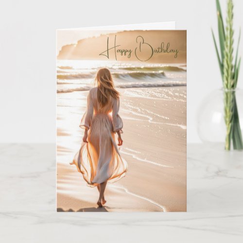 Young Woman Walking the Beach for Birthday Card