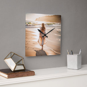 Young Woman Walking the Beach Square Wall Clock