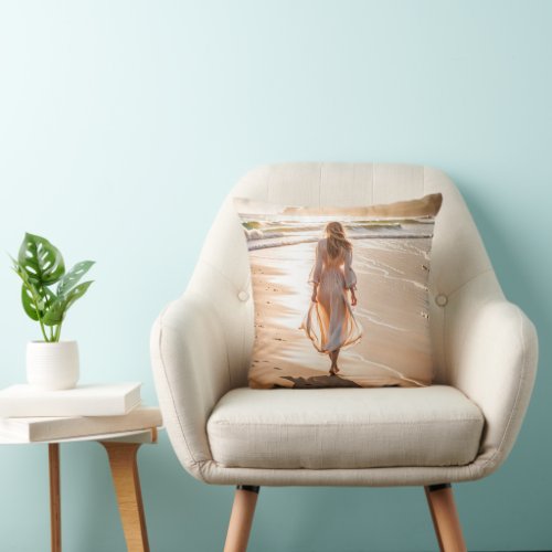 Young Woman Walking the Beach Throw Pillow