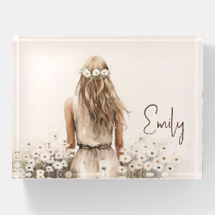 Young Woman Watercolor In Daisy Field Paperweight