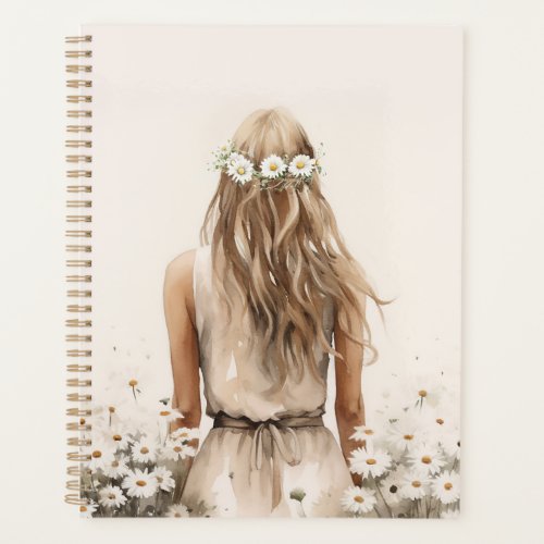 Young Woman Watercolor In Daisy Field Planner