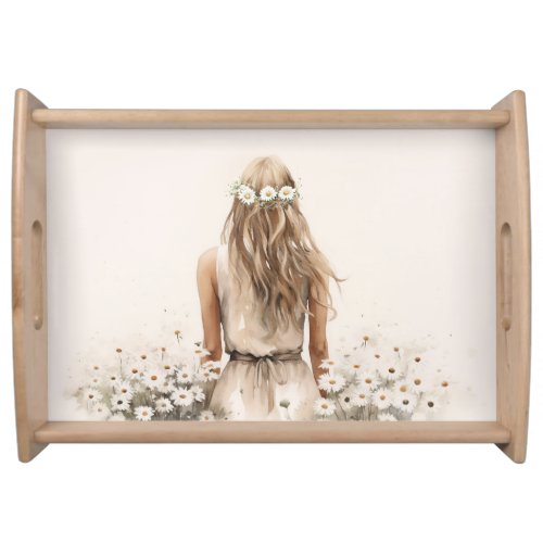 Young Woman Watercolor In Daisy Field Serving Tray