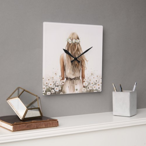 Young Woman Watercolor In Daisy Field Square Wall Clock