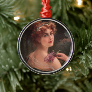 Young Woman with a Sprig of Lilac by Emile Vernon Metal Ornament