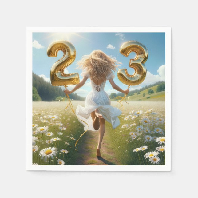 Young Woman With Balloons for 23rd Birthday Napkins (Front)