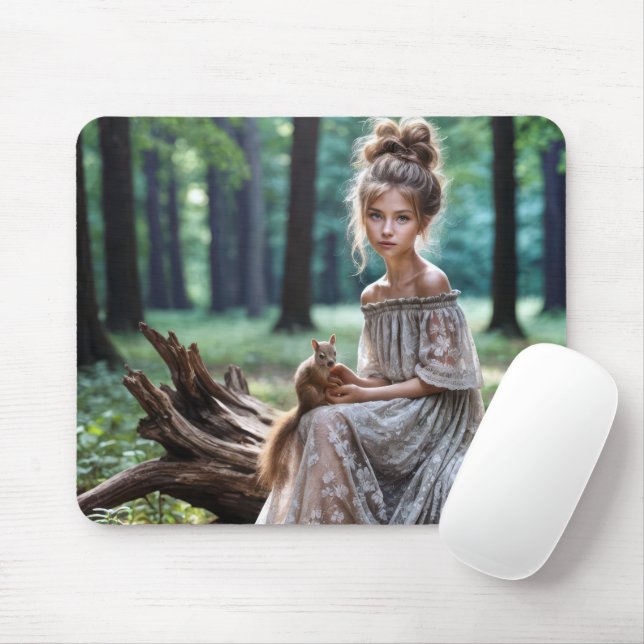 Young Woman With Forest Squirrel Mouse Pad (With Mouse)