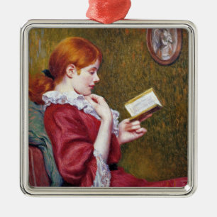 Young Woman With Red Hair Reading a Good Book Metal Ornament