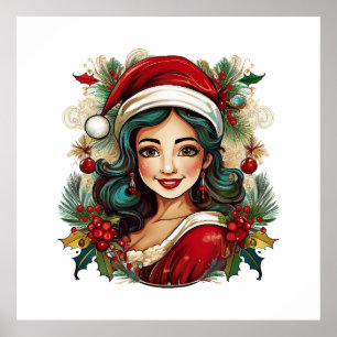 Young woman with santa claus clothes illustration  poster