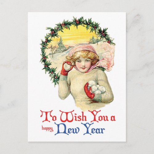 Young Woman with Snowballs Funny Vintage New Year Postcard