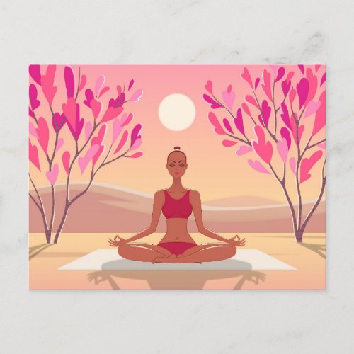 Young Woman Yoga Meditation Padmasana Pink Golden Postcard