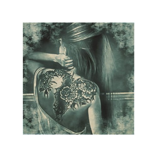 Young womans back tattooed in black _ white  wood wall art