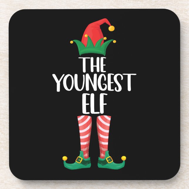 Youngest Elf Matching Family Christmas Party Beverage Coaster (Front)