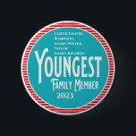 Youngest Family Member Family Reunion Button<br><div class="desc">It's fun getting together with your family and reconnecting, sharing stories and learning about family genealogy. It's also fun to have an awards ceremony at your Family Reunion gathering. Here is a fun blue, red and white Family Reunion Award Button for the Youngest Family Member. Add your family name and...</div>