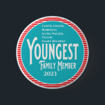 Youngest Family Member Family Reunion Button<br><div class="desc">It's fun getting together with your family and reconnecting, sharing stories and learning about family genealogy. It's also fun to have an awards ceremony at your Family Reunion gathering. Here is a fun blue, red and white Family Reunion Award Button for the Youngest Family Member. Add your family name and...</div>