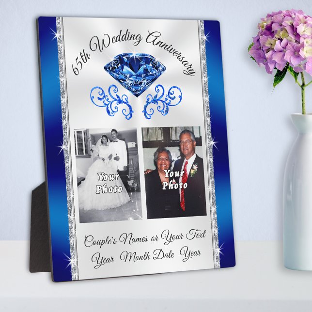 Your 1, 2 PHOTOS 65th Wedding Anniversary Presents Plaque (65 year wedding anniversary gifts for parents, grandparents. Sapphire, 65th anniversary gift.)