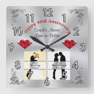 Your 1 or 2 PHOTOS Ruby Wedding Anniversary Gifts Square Wall Clock
