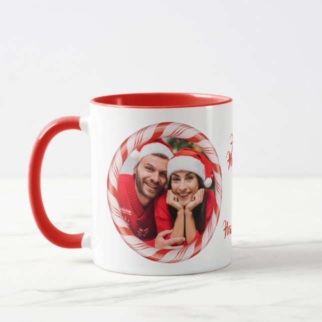 YOUR 2 photos in a Candy Frame custom text mugs (Left)