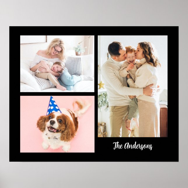 Your 3 Family Photos & Name on Black Poster (Front)