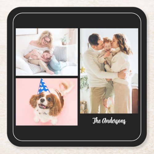 Your 3 Family Photos  Name on Black White Border Square Paper Coaster