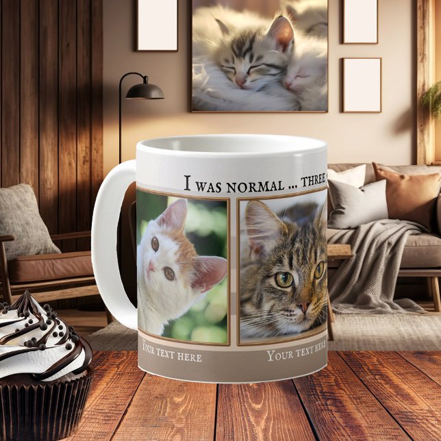Your 3 Funny Cat Photos Beige Ivory Striped Mug (Funny cat mug featuring your photos framed by a beige ivory striped design with golden lining)