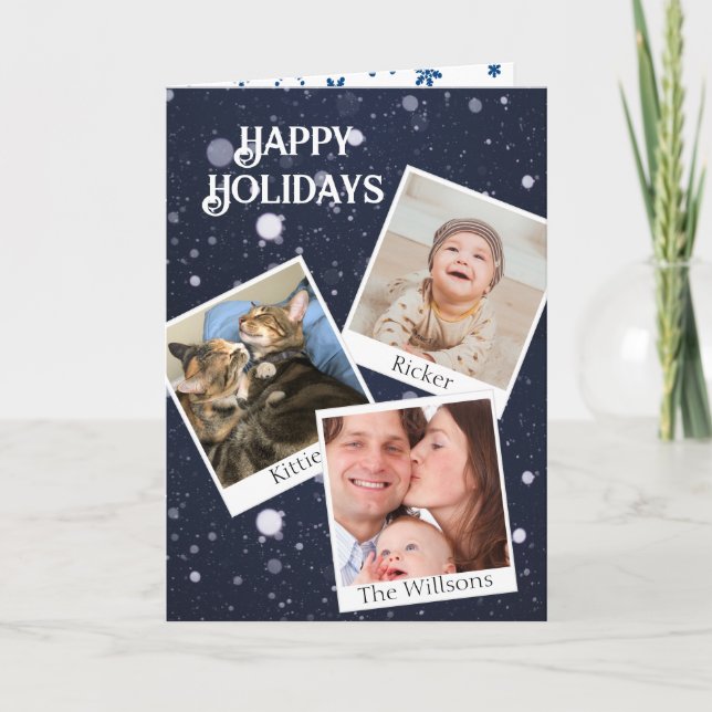 Your 3 Instant Photos Personalize Signature Snow Holiday Card (Front)