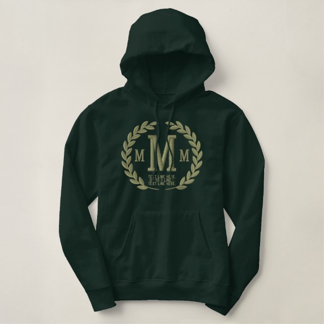 Your 3 Letters Monogram + Text Laurels Embroidery Embroidered Hoodie (Design Front)