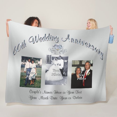 Your 3 Photos and Text Diamond Anniversary Gifts Fleece Blanket